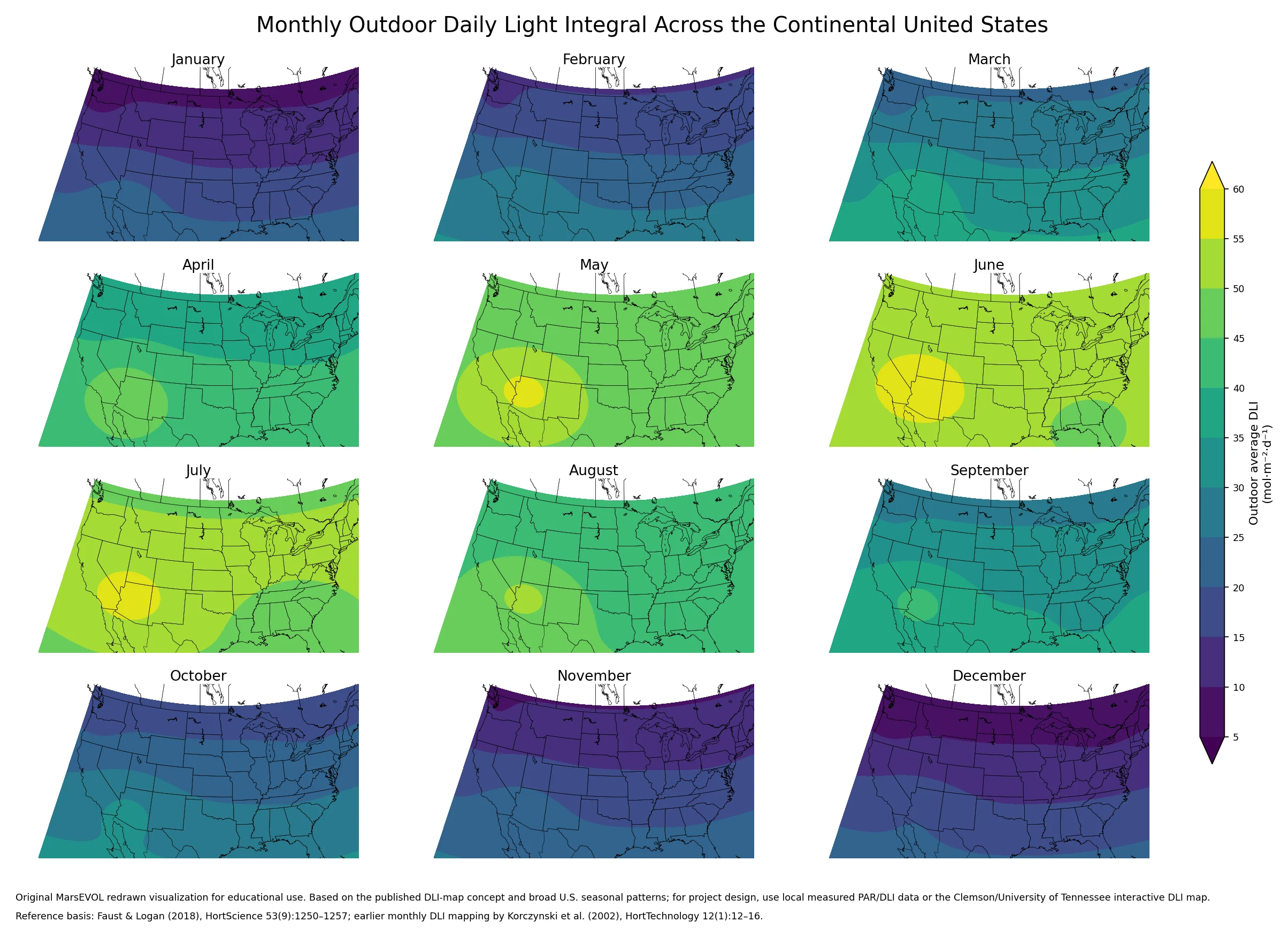 Monthly outdoor daily light integral map across the continental United States for greenhouse supplemental lighting design