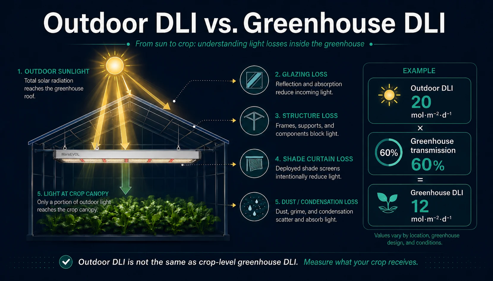 Illustration comparing outdoor DLI and crop-level greenhouse DLI after glazing structure shade curtain dust and condensation losses