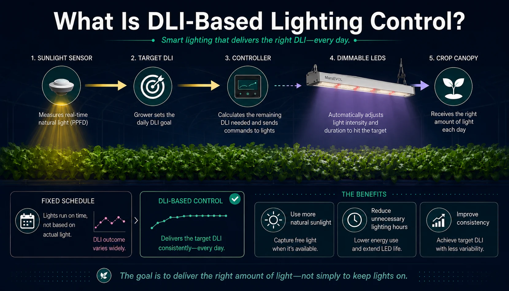 Diagram showing DLI-based lighting control with sunlight sensor target DLI controller dimmable LED grow lights and crop canopy