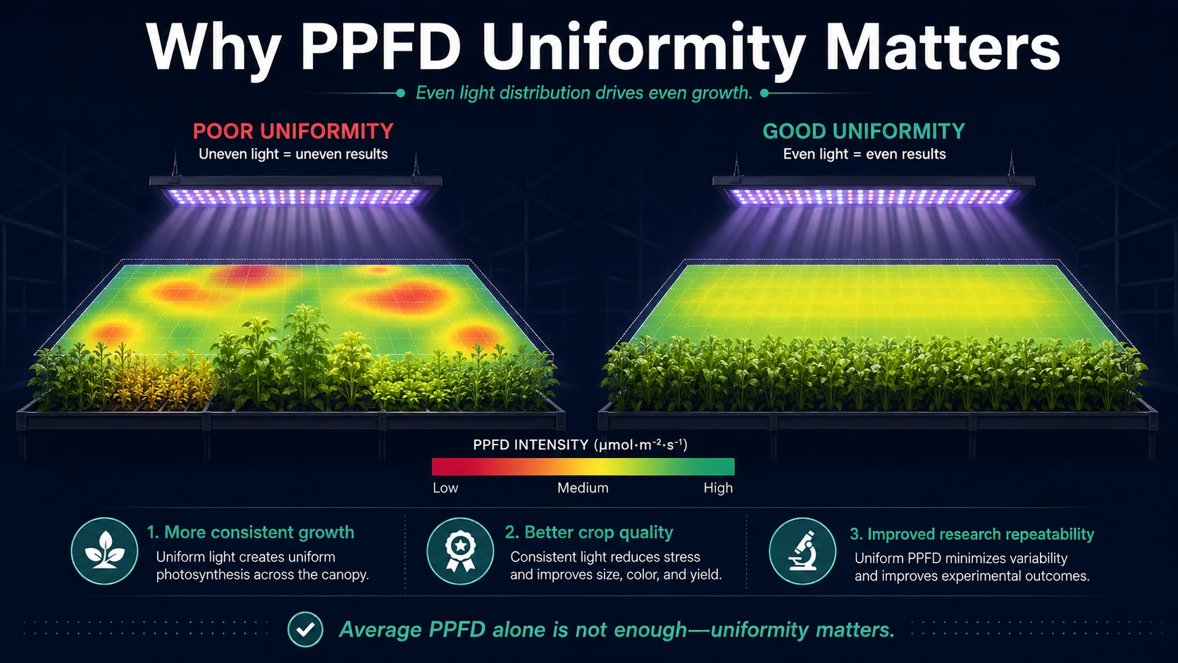 Comparison of poor and good PPFD uniformity showing uneven and even light distribution across greenhouse crops