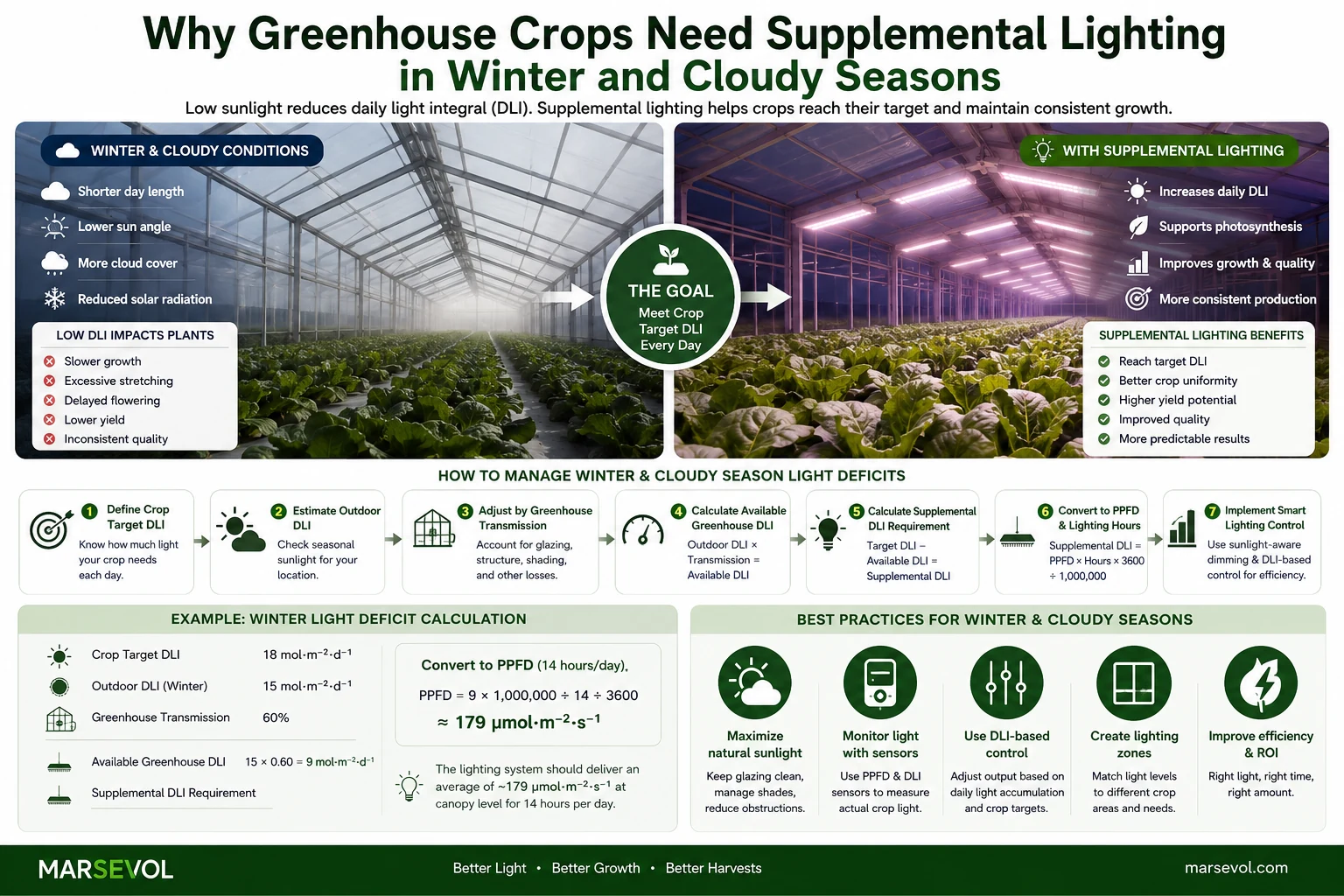 Greenhouse supplemental lighting in winter and cloudy seasons showing low sunlight low DLI and LED lighting for crop growth