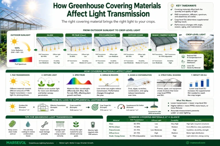 Greenhouse covering materials light transmission comparison showing glass polyethylene film polycarbonate diffuse light PAR and crop-level DLI
