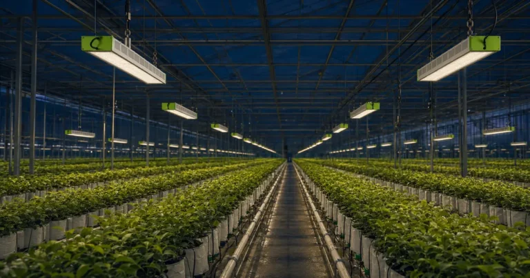 MarsEVOL SOLIFY PRO fixtures mounted at planned height and spacing above greenhouse crops