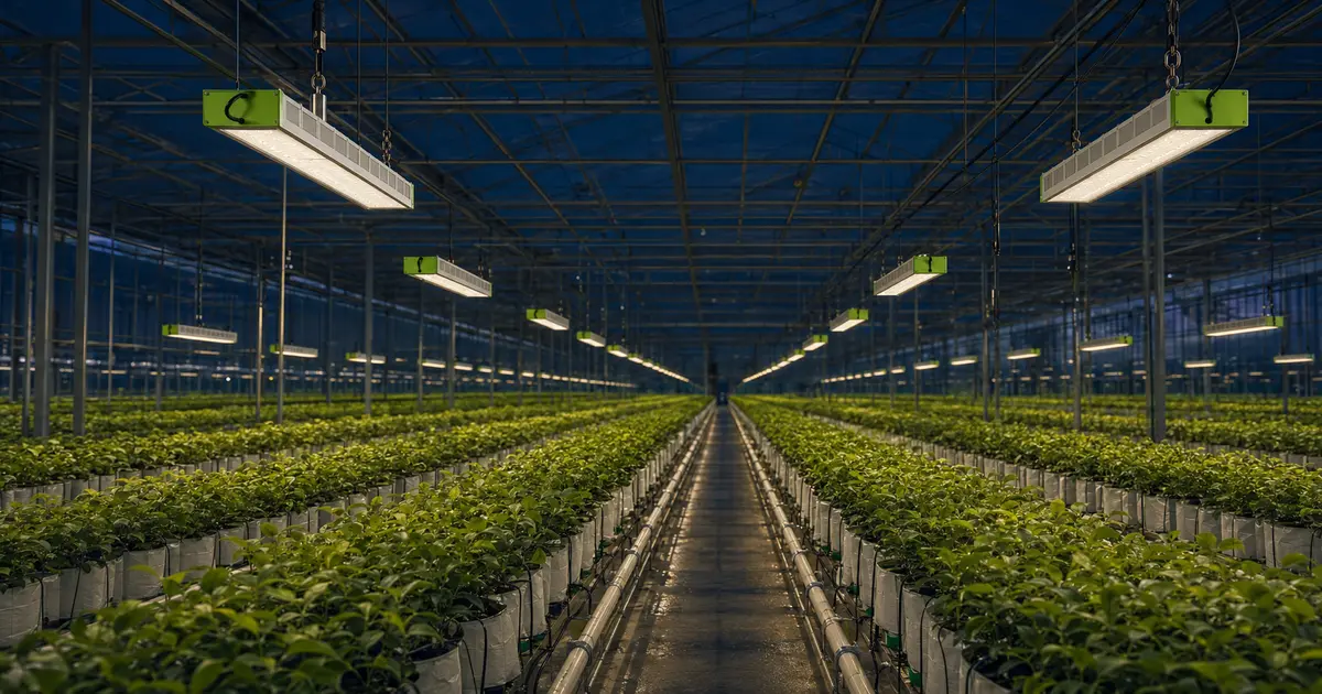 MarsEVOL SOLIFY PRO fixtures mounted at planned height and spacing above greenhouse crops