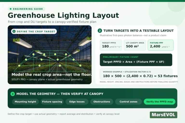 Greenhouse lighting layout infographic with MarsEVOL SOLIFY PRO fixtures, target PPFD inputs, a fixture-count estimate and canopy verification workflow