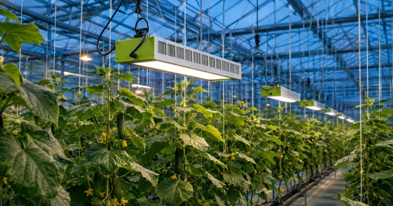 MarsEVOL SOLIFY PRO fixtures above flowering and fruiting high-wire cucumber rows in a commercial glass greenhouse