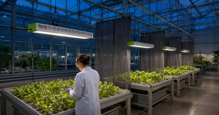 MarsEVOL SOLIFY PRO fixtures above modular plant research benches while a researcher maps PPFD