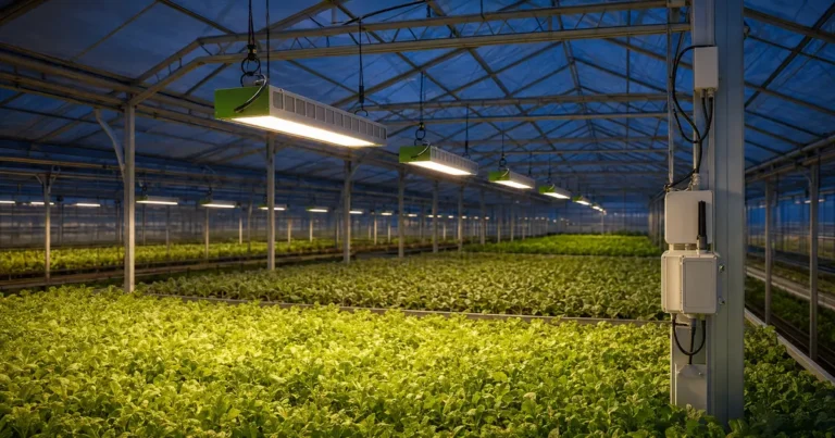 Commercial greenhouse with MarsEVOL SOLIFY PRO fixtures dimmed in separate HarveStation control zones