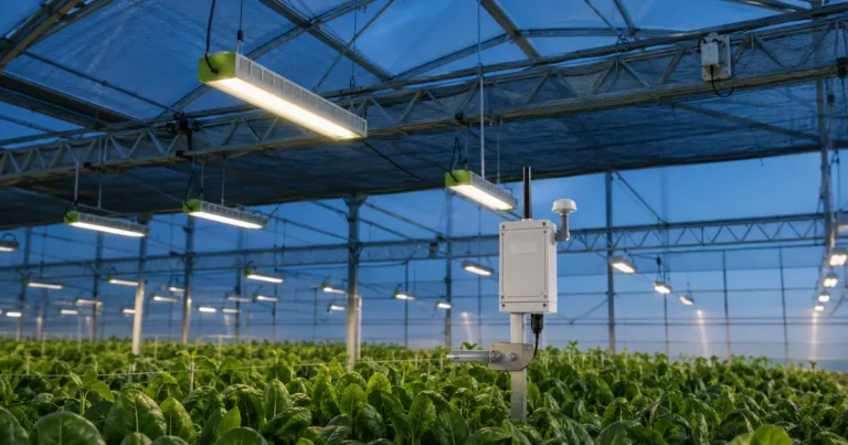 HarveStation PAR detector mounted above a greenhouse crop beneath MarsEVOL SOLIFY PRO fixtures