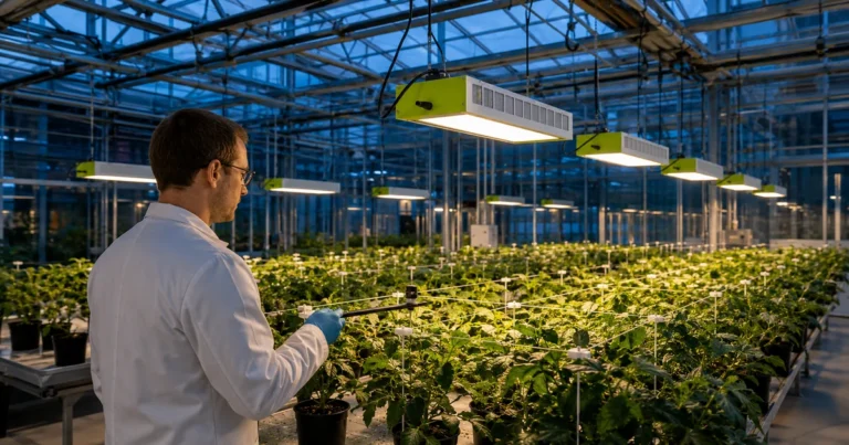 Researcher mapping canopy-level PPFD on a marked greenhouse grid beneath MarsEVOL SOLIFY PRO fixtures