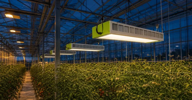 MarsEVOL SOLIFY PRO LED fixtures replacing legacy HPS lights in a commercial tomato greenhouse