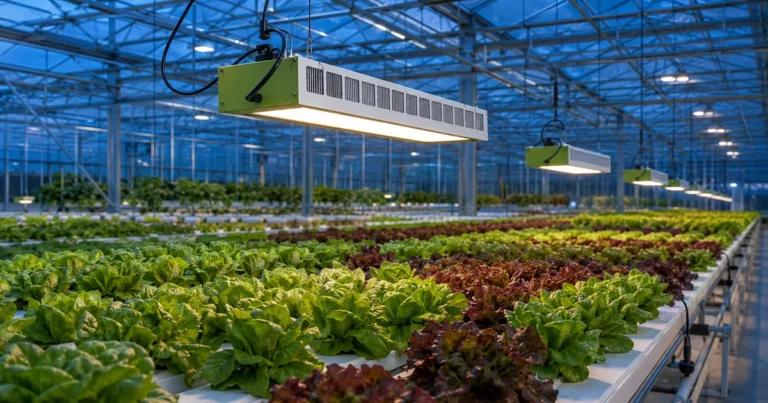 MarsEVOL SOLIFY PRO fixtures above hydroponic green and red lettuce beds in a commercial greenhouse