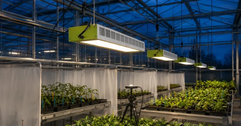 MarsEVOL SOLIFY PRO fixtures above isolated plant research benches with a level PAR sensor in a glass greenhouse