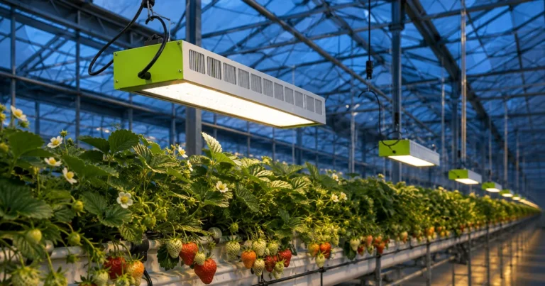 MarsEVOL SOLIFY PRO fixtures above flowering and fruiting strawberry gutters in a commercial glass greenhouse