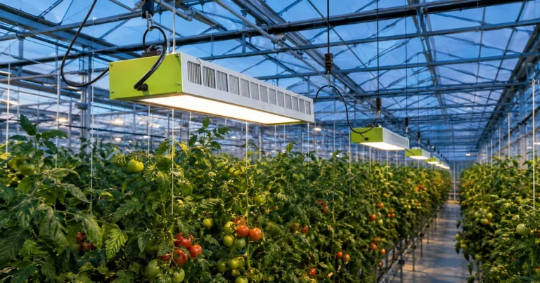 MarsEVOL SOLIFY PRO fixtures above high-wire tomato rows in a commercial glass greenhouse