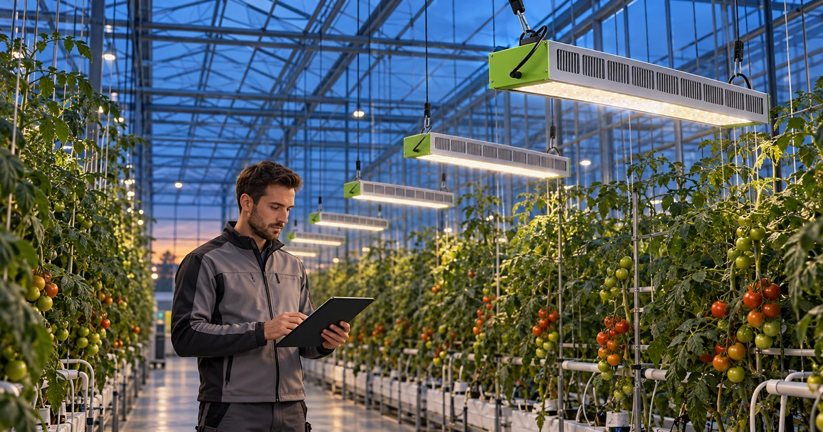 Greenhouse project engineer reviewing a tablet beneath SOLIFY PRO-style silver fixtures with lime-green end caps above tomato rows