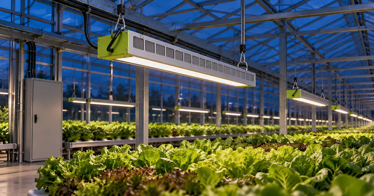 SOLIFY PRO-style silver and green fixtures above lettuce benches with supported cable runs and a closed electrical cabinet in a greenhouse