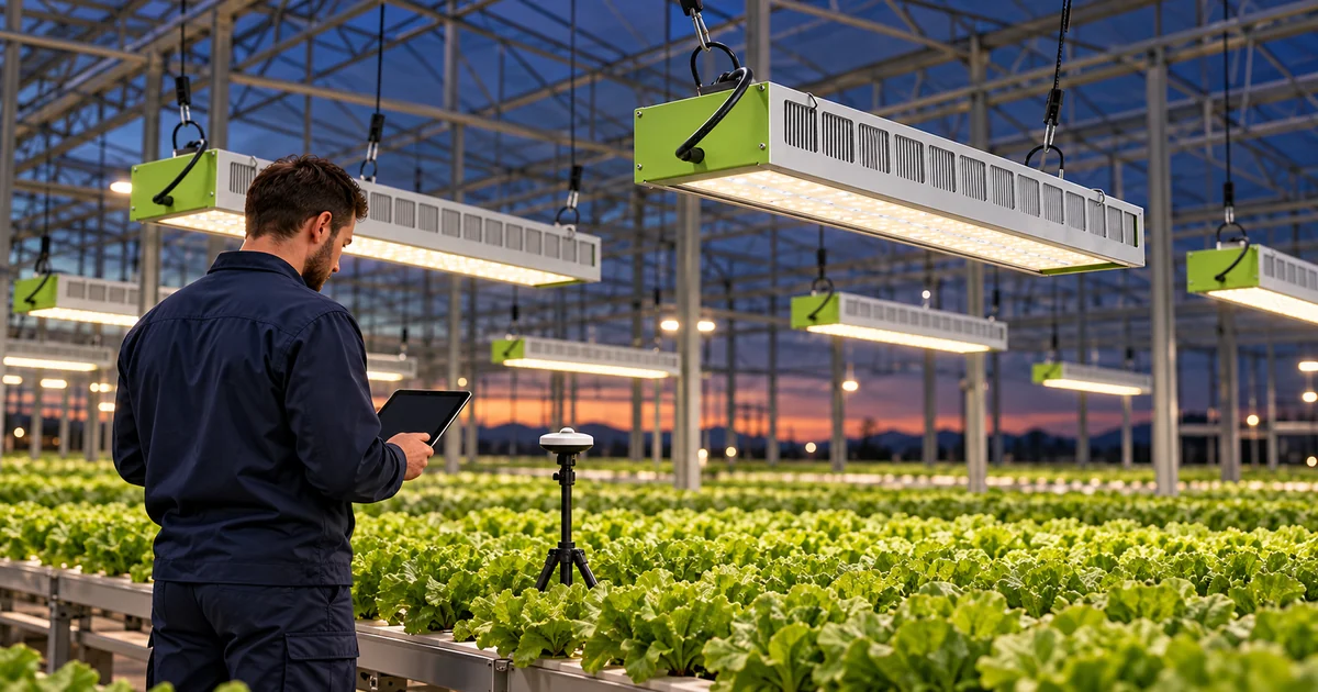 Technician documenting greenhouse lighting commissioning beside a canopy-level sensor and SOLIFY PRO-style fixtures