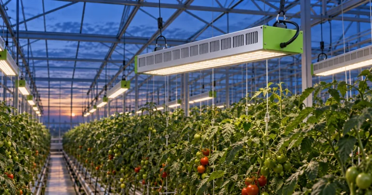 SOLIFY PRO-style silver greenhouse toplights with lime-green end caps above high-wire tomato rows at dawn