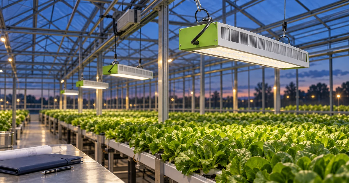 SOLIFY PRO-style greenhouse fixtures above lettuce benches beside a project planning folder and drawing