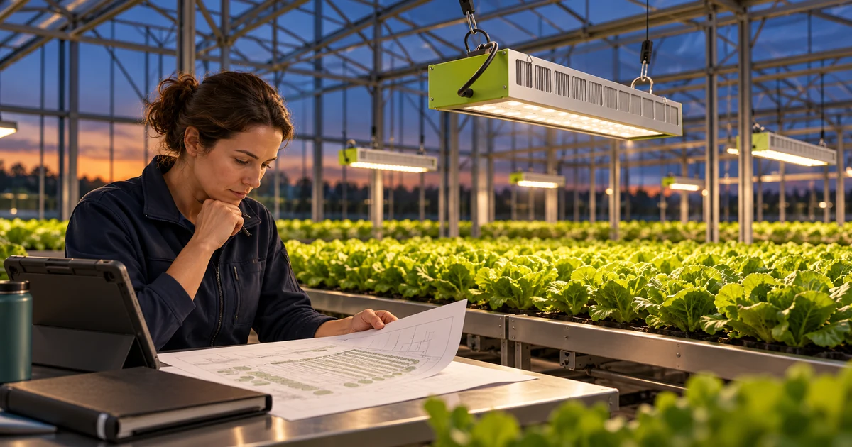 Greenhouse project manager reviewing a site plan beneath a SOLIFY PRO-style light above lettuce benches