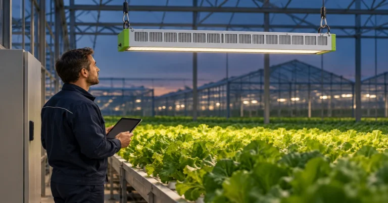 Greenhouse supervisor reviewing lighting records beside a closed control cabinet and a SOLIFY PRO-style fixture