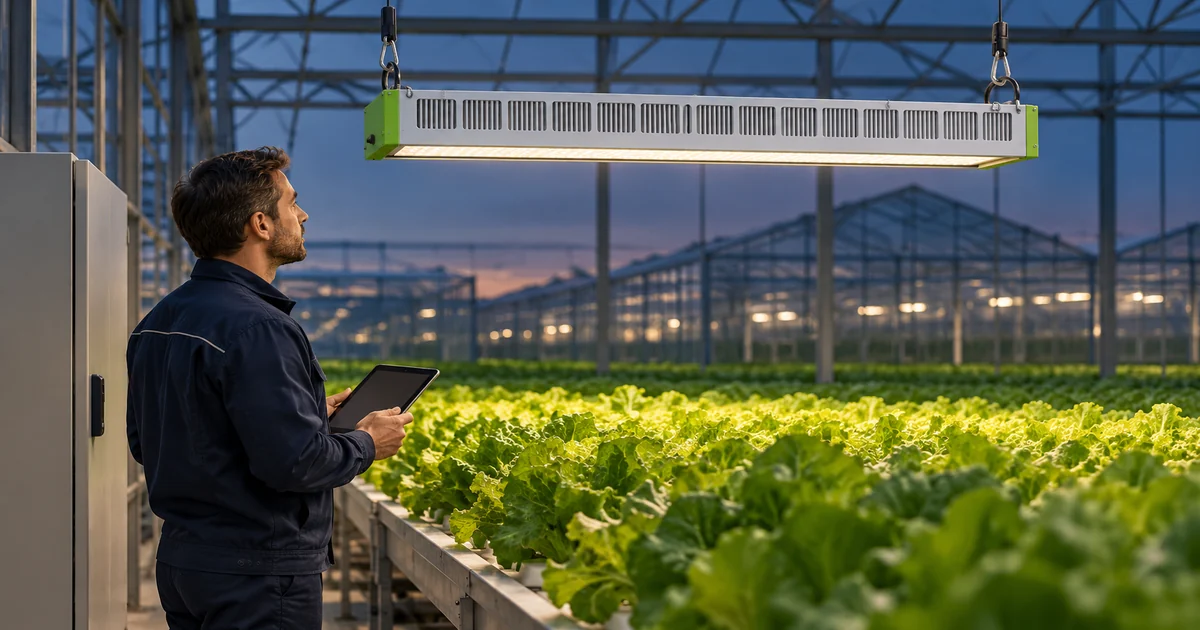 Greenhouse supervisor reviewing lighting records beside a closed control cabinet and a SOLIFY PRO-style fixture