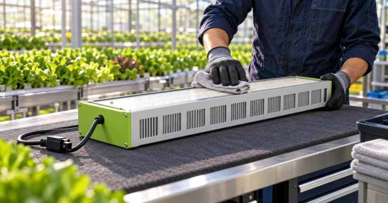 External inspection of an unplugged SOLIFY PRO-style fixture on a padded greenhouse service bench