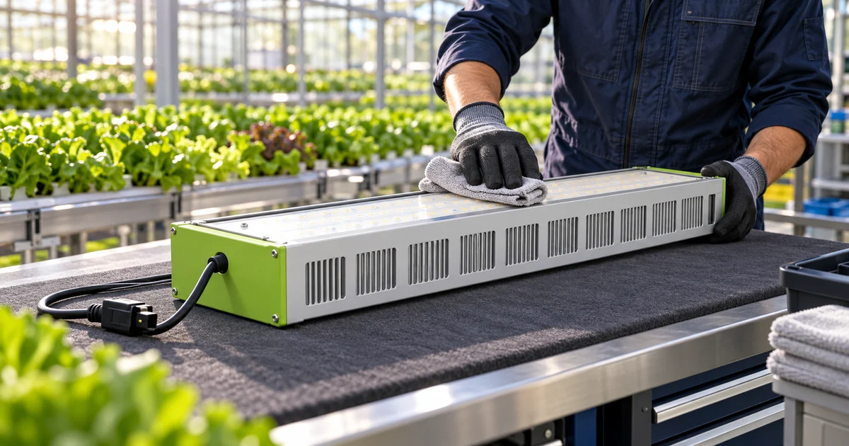 External inspection of an unplugged SOLIFY PRO-style fixture on a padded greenhouse service bench