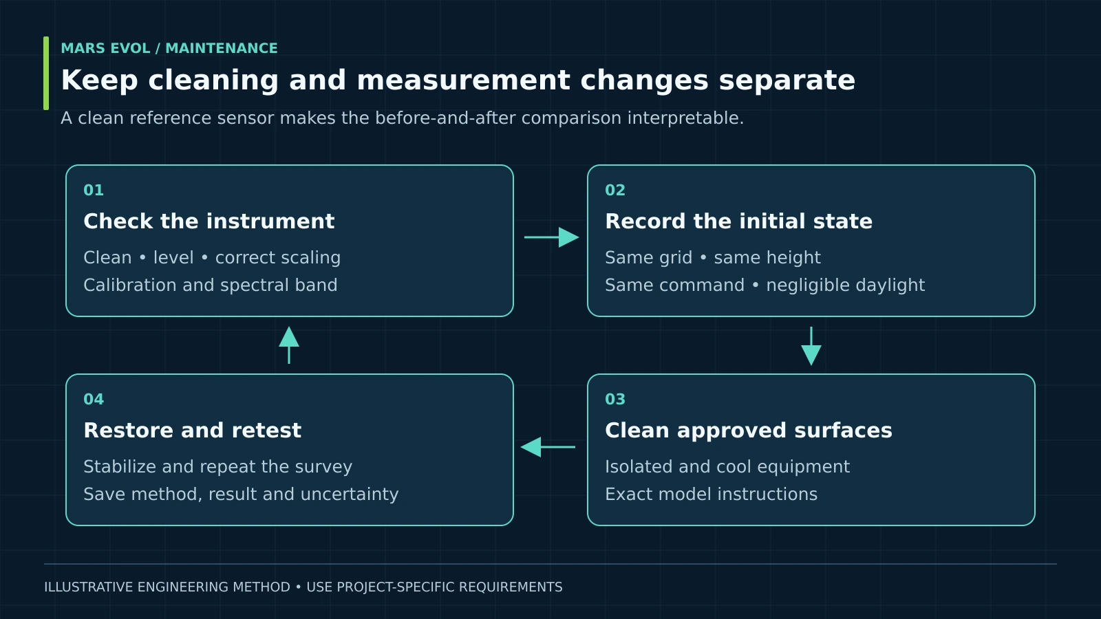 Four-stage process separating sensor checks, initial readings, approved cleaning and repeat measurement