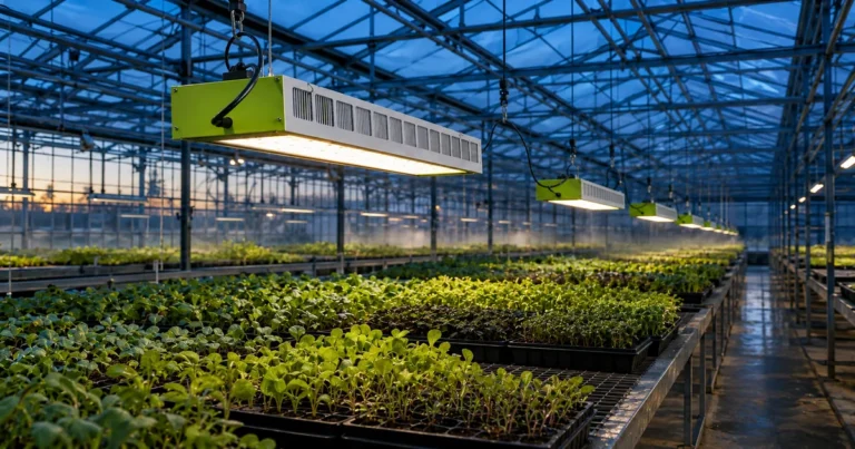 Commercial propagation greenhouse with plug trays beneath compact MarsEVOL SOLIFY PRO fixtures