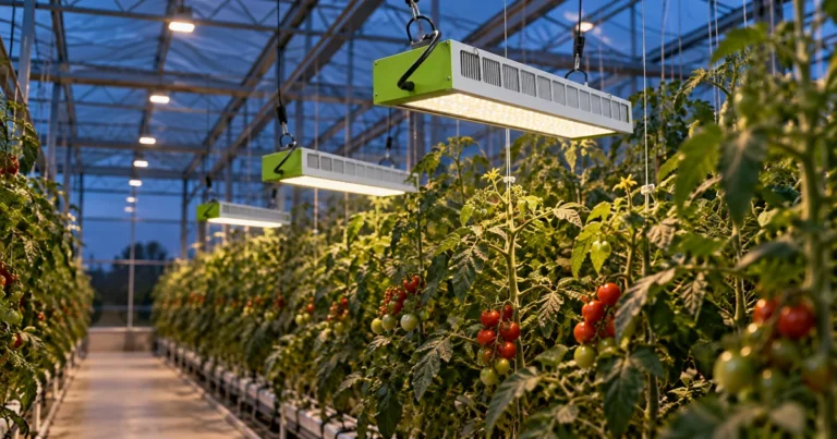 Top lighting vs interlighting design guide illustrated by SOLIFY PRO-style overhead fixtures above a high-wire tomato canopy