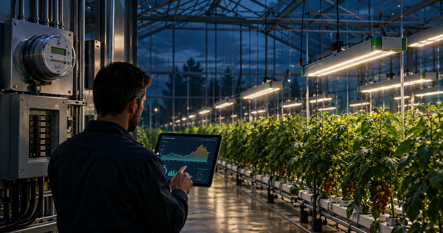 Commercial greenhouse at night with supplemental LED lighting, utility metering and energy monitoring for tariff and demand-charge planning