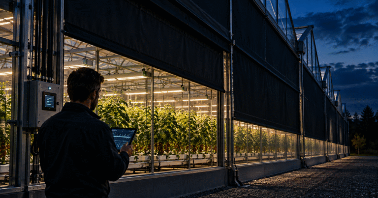 Commercial greenhouse at dusk with blackout curtains containing supplemental LED light and a technician monitoring curtain controls
