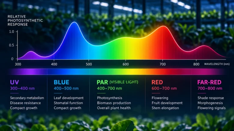 Illustrated horticultural lighting spectrum showing UV, blue, PAR, red and far-red wavebands.