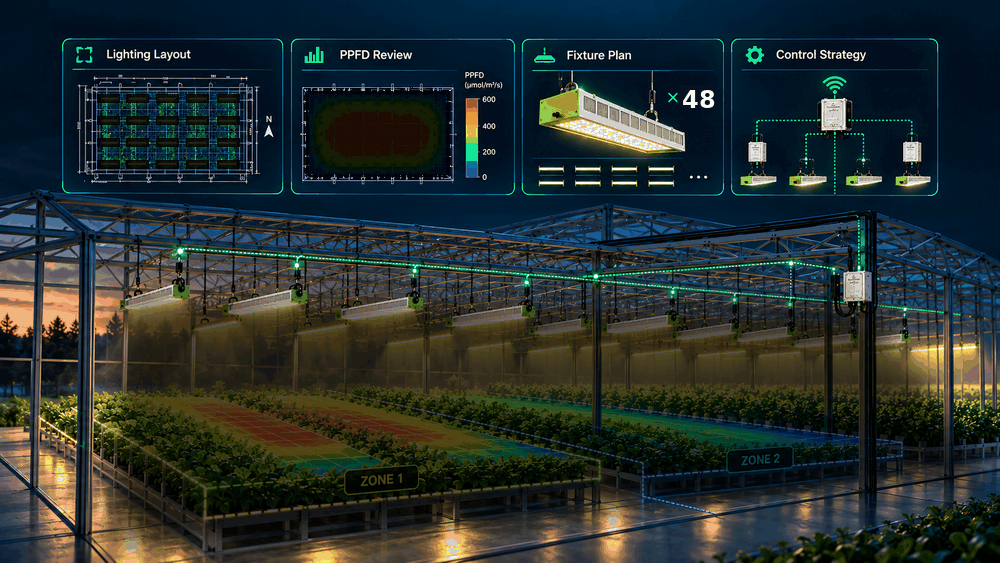Greenhouse lighting design showing fixture placement, PPFD simulation, fixture quantity adjustment and control strategy.