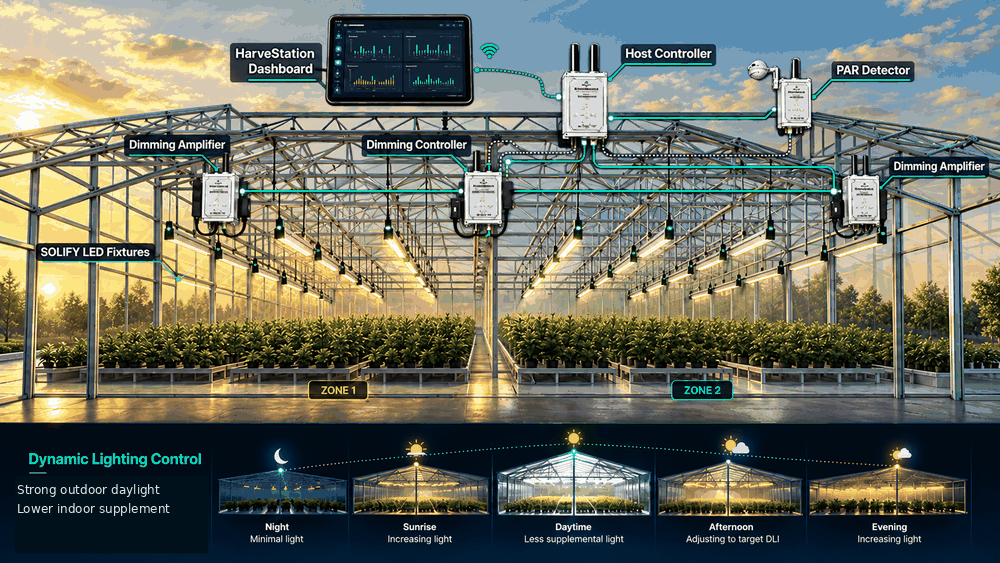 Outdoor daylight decreases as the PAR detector sends data through the host and HarveStation to the dimming controller, increasing supplemental light by greenhouse zone.