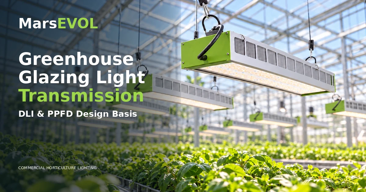 SOLIFY PRO fixtures in a commercial greenhouse, showing glazing and canopy geometry used to assess natural-light transmission.