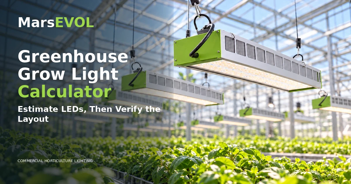 SOLIFY PRO fixtures above greenhouse crop rows, illustrating a fixture-count estimate that must be checked against the canopy layout.