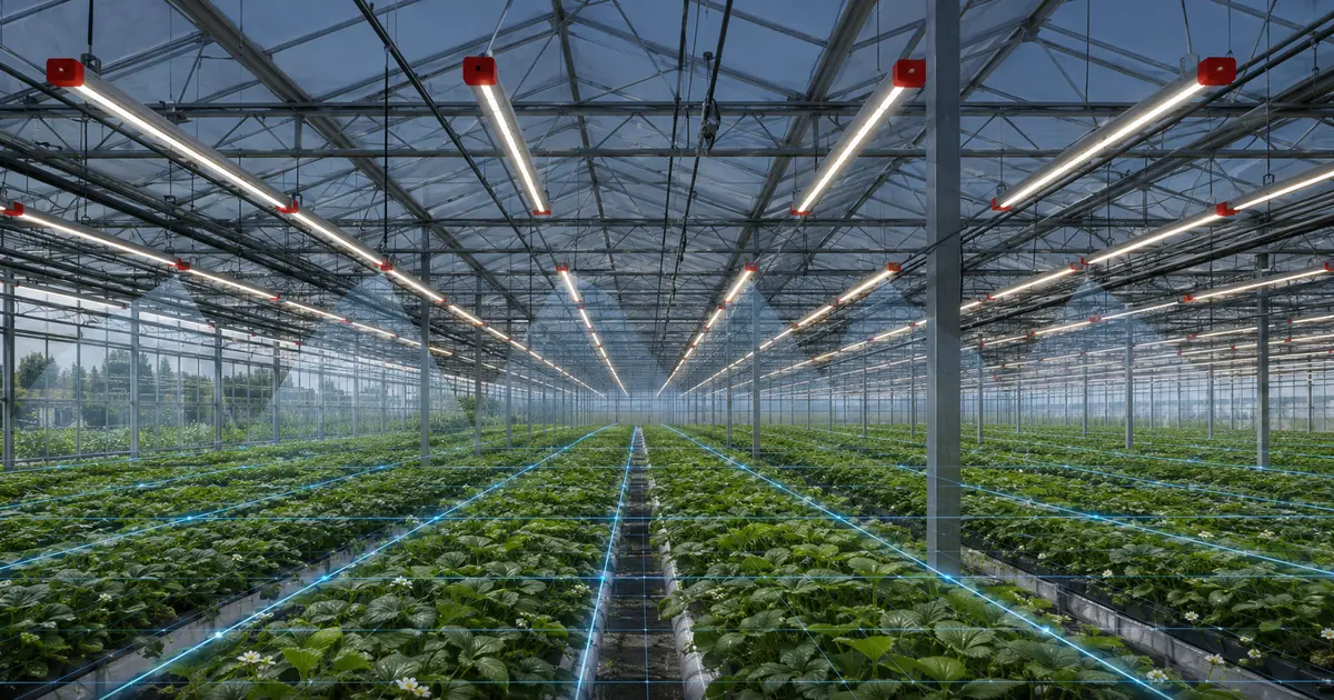 Illustrative greenhouse luminaire layout and PPFD uniformity visualization