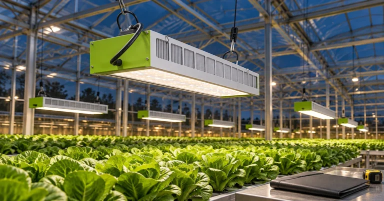 SOLIFY PRO-style rectangular silver and green fixtures illuminate lettuce in a greenhouse prepared for a lighting assessment