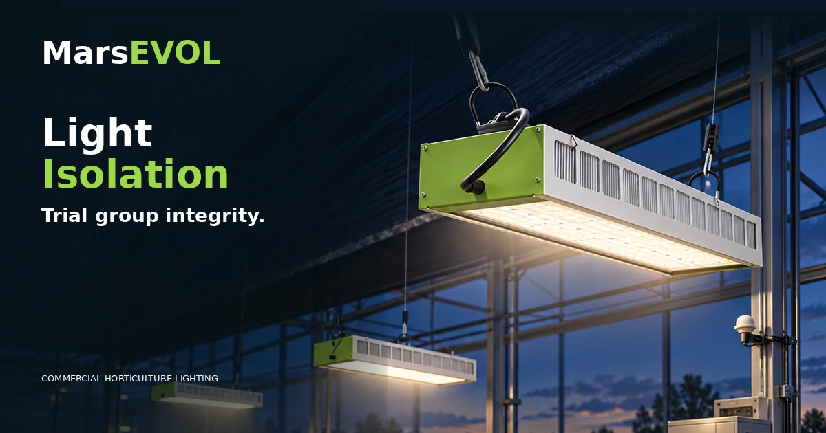 Approved commercial greenhouse SOLIFY PRO lighting scene used as illustrative context for separating lighting treatment zones; not a measured spillover test.