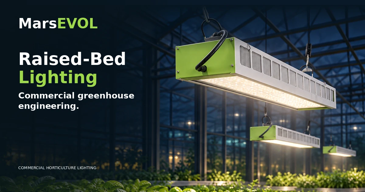 Previously reviewed SOLIFY PRO luminaires over separate crop benches in a research greenhouse, used as an illustrative layout reference rather than a photograph of raised beds.