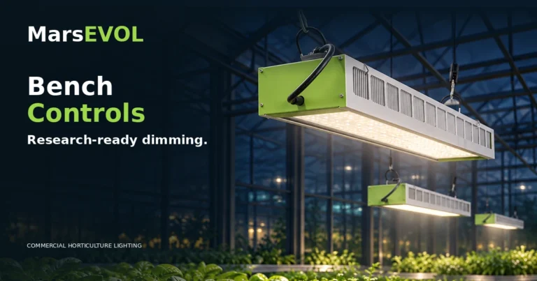 Previously reviewed research-greenhouse SOLIFY PRO fixture scene used to illustrate bench lighting control architecture; not a documented photograph of a particular customer trial.
